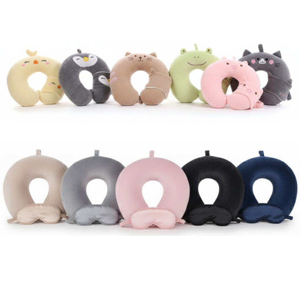 Kit Viagem Conforto: Travesseiro de Pescoço Veludo + Máscara Tapa Olho Adulto/Infantil