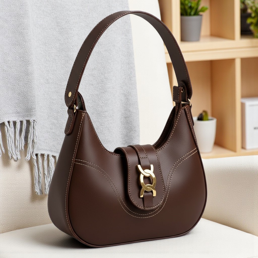 Bolsa de ombro baguete feminina , com fecho em ziper , detalhes em dourado