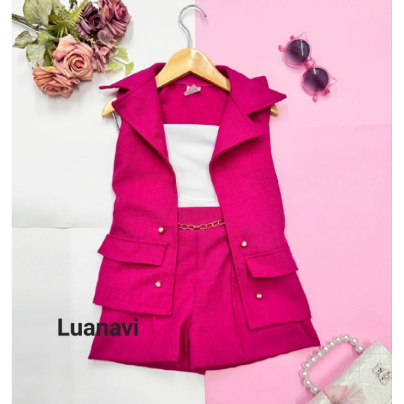CONJUNTO INFANTIL MENINA COLETE E SHORT ALFAIATARIA 2-12 Anos infantil e juvenil
