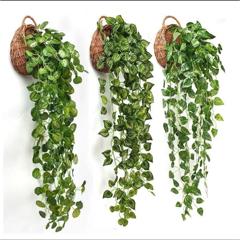 Arranjo De 3 Pendentes Artificial Verde + Vaso De Planta Trançado Marrom Decoração Casa, Casamento
