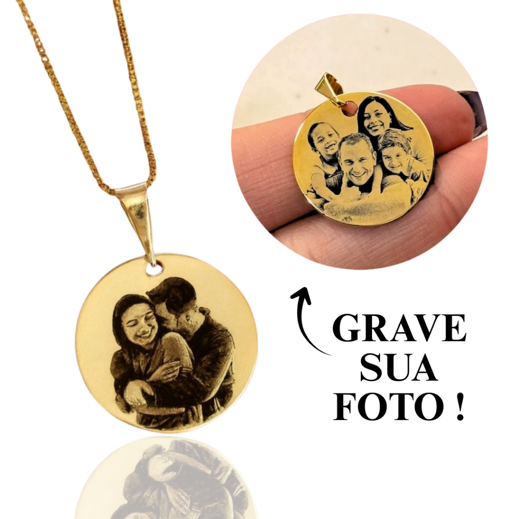 Colar Personalizado Medalha 17mm Gravação Foto Frase Feminino (45cm) Banho Ouro 18k ou Prata Presente Mimo Dia