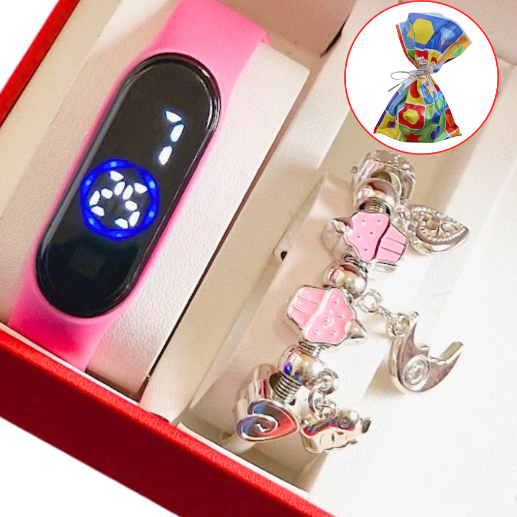 Relógio Infantil menina Digital Led à Prova D'água + Pulseira Infantil menina Berloque  - Presente dia das crianças