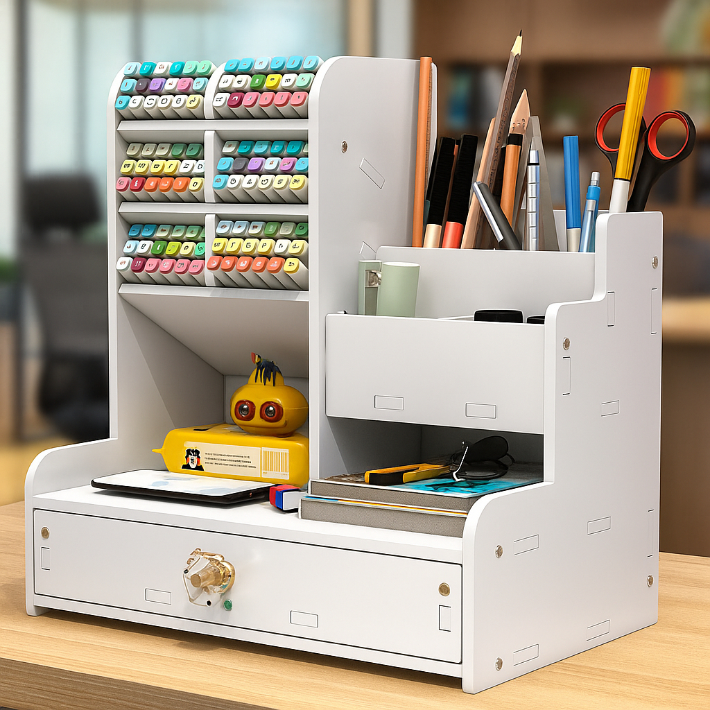 Organizador De Mesa Mdf Escritório Moderno Com Gaveta Nicho Canetas