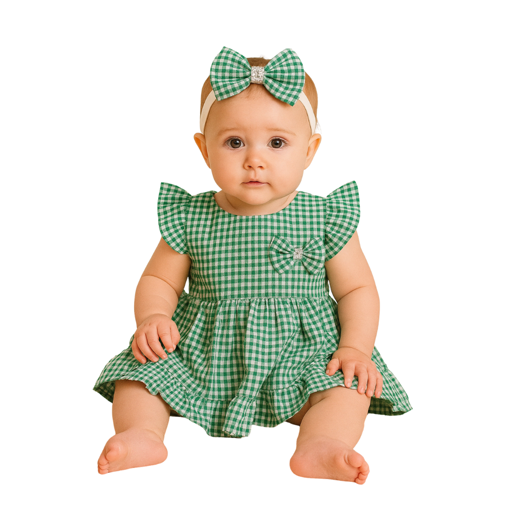 Vestido Infantil Bebê Menina Xadrez Olivia 02 peças Roupas de Bebê