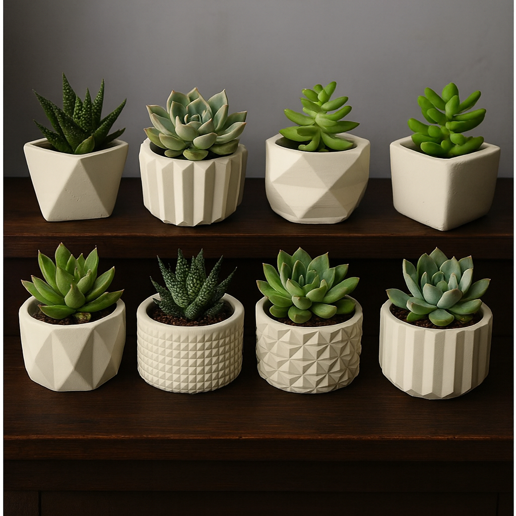 Kit Até 8 Unidades Vasinho Decorativo de Gesso Com Textura, Cactus e Plantas Artificiais.