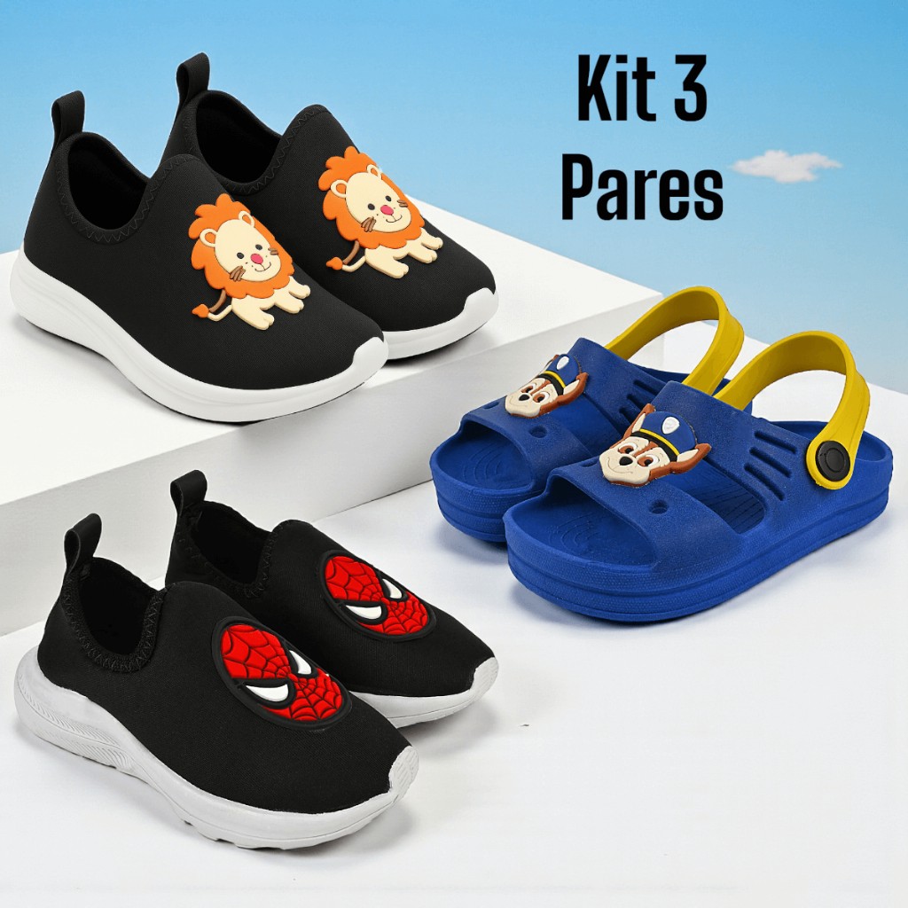 Kit 3 Pares Tênis Infantil Menino Confortável Desenhos Divertido e Sandália Babuche Macia Casual