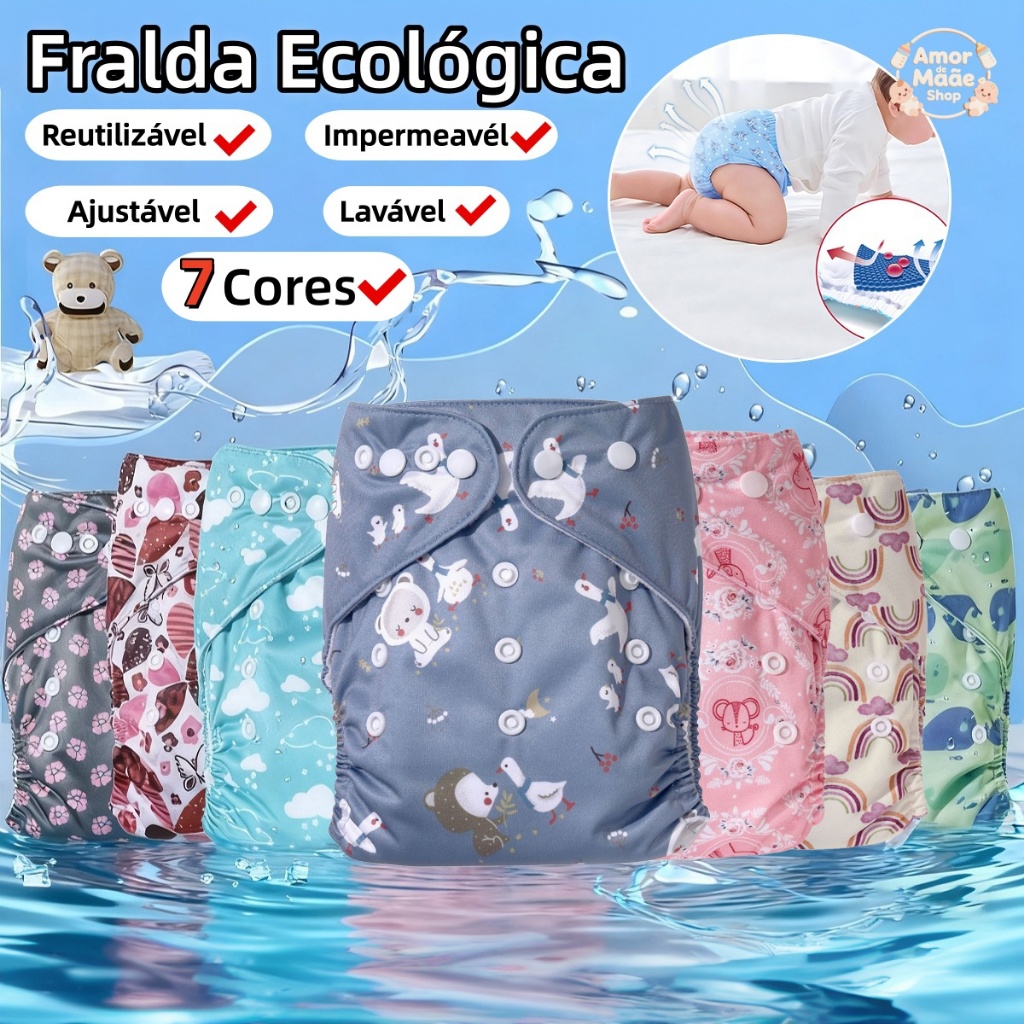 Fralda Ecológica Reutilizável Ajustável Bebê Impermeavél Lavável