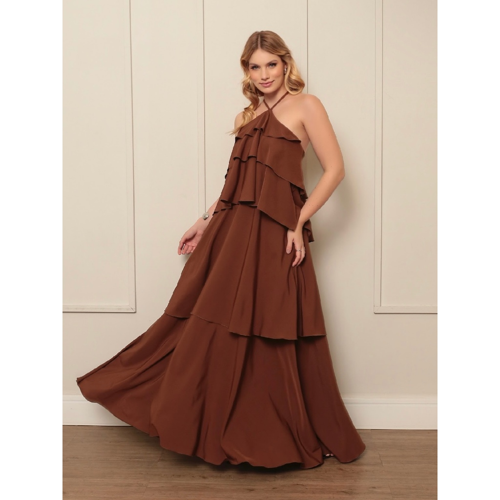Vestido Longo Chiffon Feminino Elegante Modelo Babado Look de Festa, Casamento ou Praia