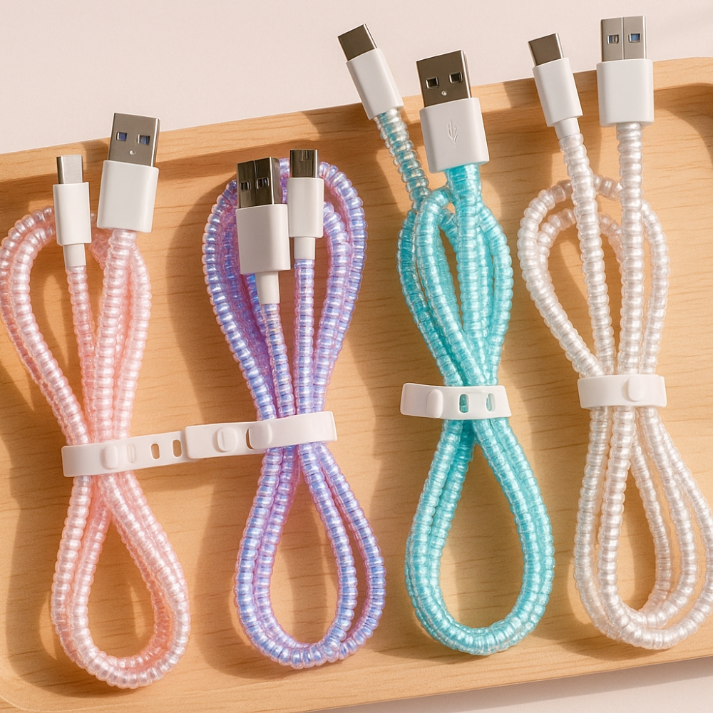 Protetor Cabo Carregador 140cm (1,4M) Espiral Perolado Proteção Organizador Caracol Colorido Brilho