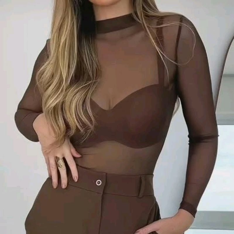 Body Tule Liso Marrom – Segunda Pele, Manga Longa, Conforto Extensível – Tam. Único (veste 36–42| P–G)