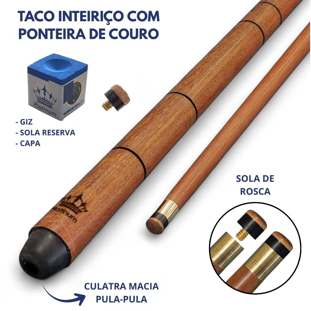 Taco de Sinuca Ipê Inteiriço 1,47m 100% Reto Com Sola de Couro
