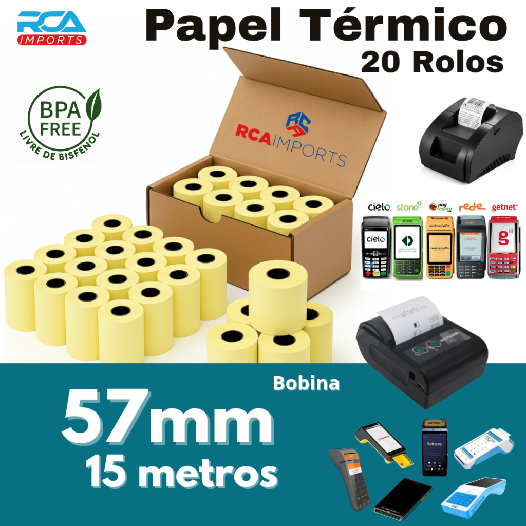 Bobina 57x15 Térmica Para Maquina Cartão De Credito  Amarela