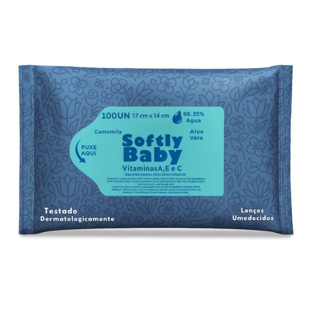 100Un Lenço Umedecido Baby Softly com Vitaminas A, E, C, Aloe Vera e Camomila