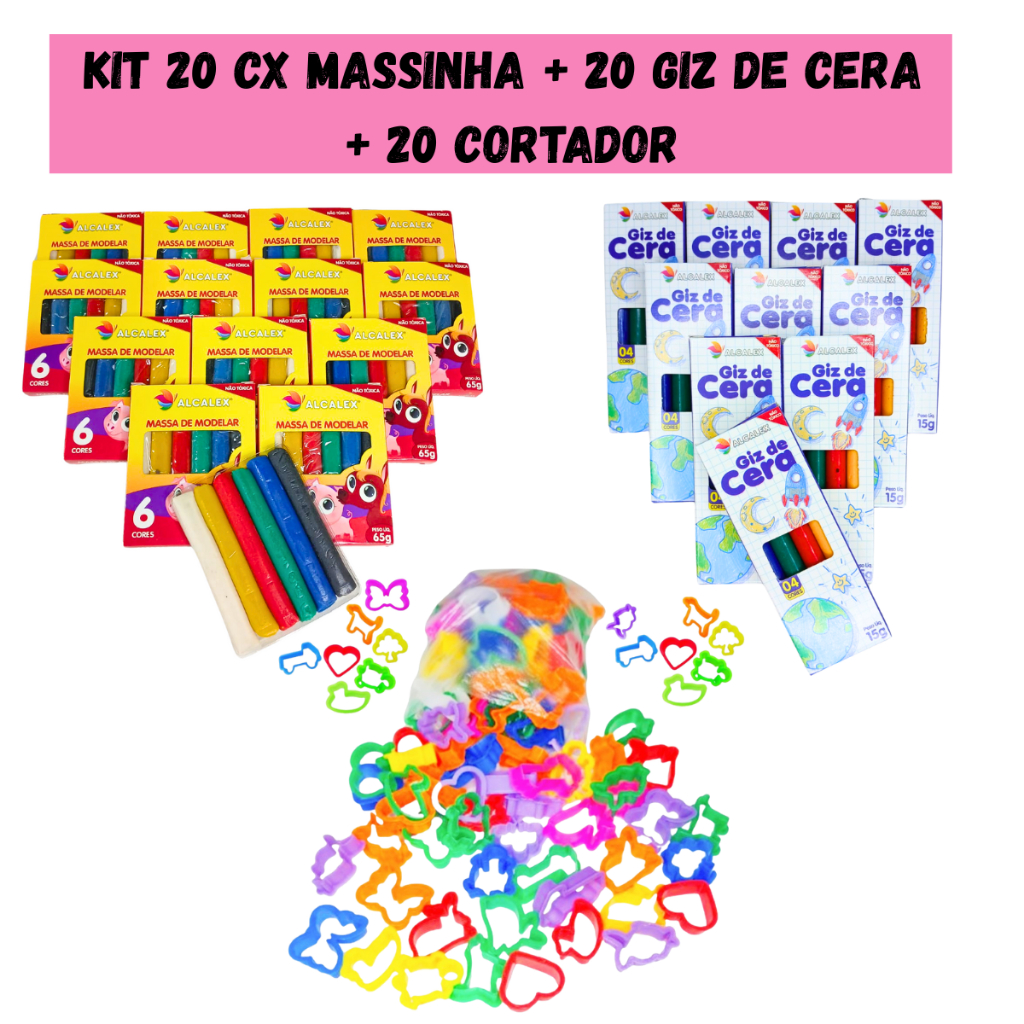 20 cx Massinha de Modelar + 20 Cx Giz de Cera + 20 Cortador Molde Forminha Lembrancinha infantil