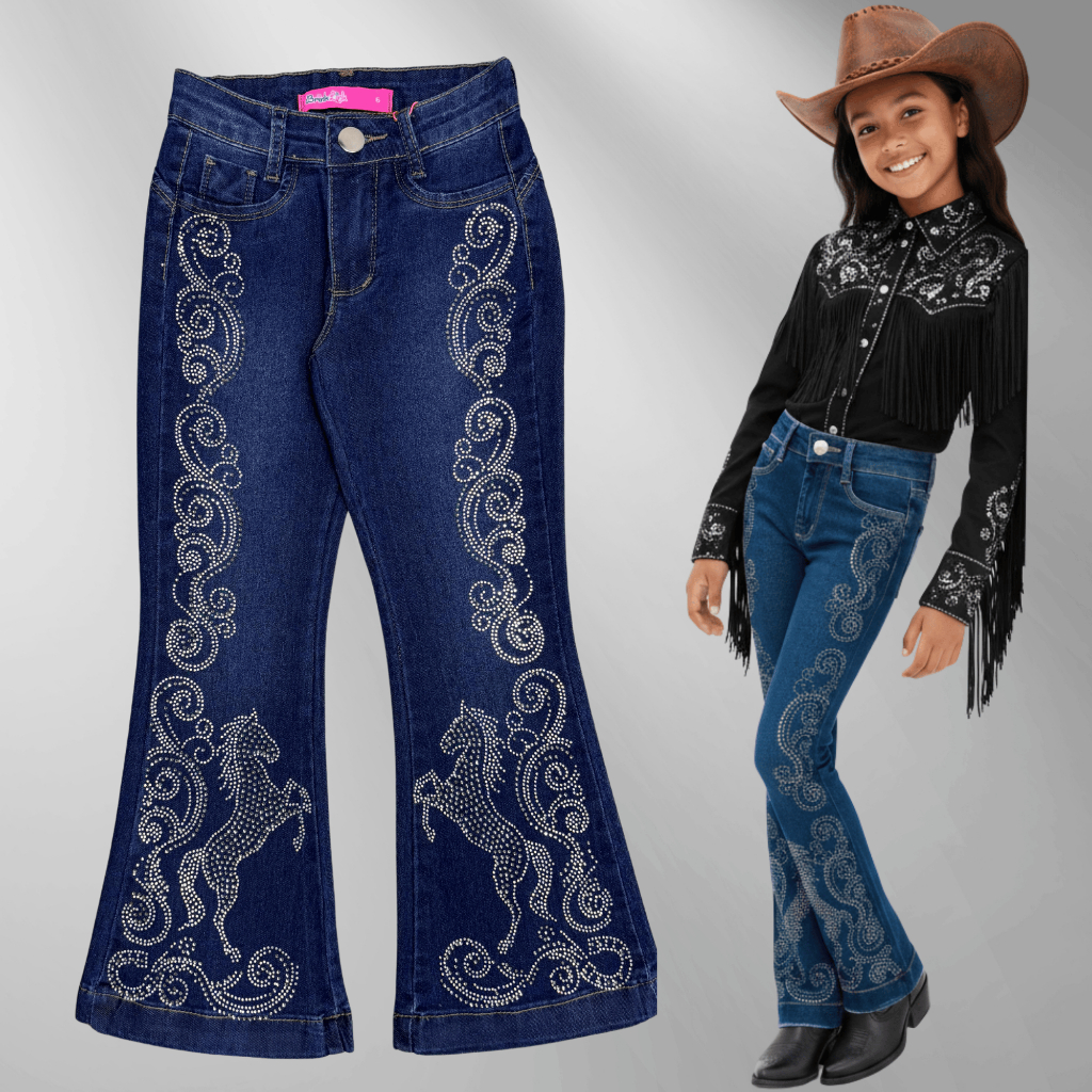Calça Jeans Flare Feminina Infantil e Juvenil Meninas Com Strass Rodeio Ana Castela Calça de Boiadeira