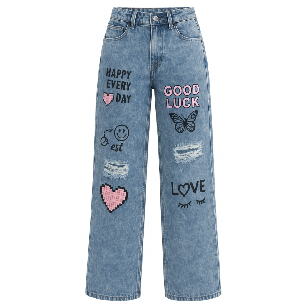 Calça Jeans menina  Wide Leg Pantalona Infantil Juvenil Estampadas