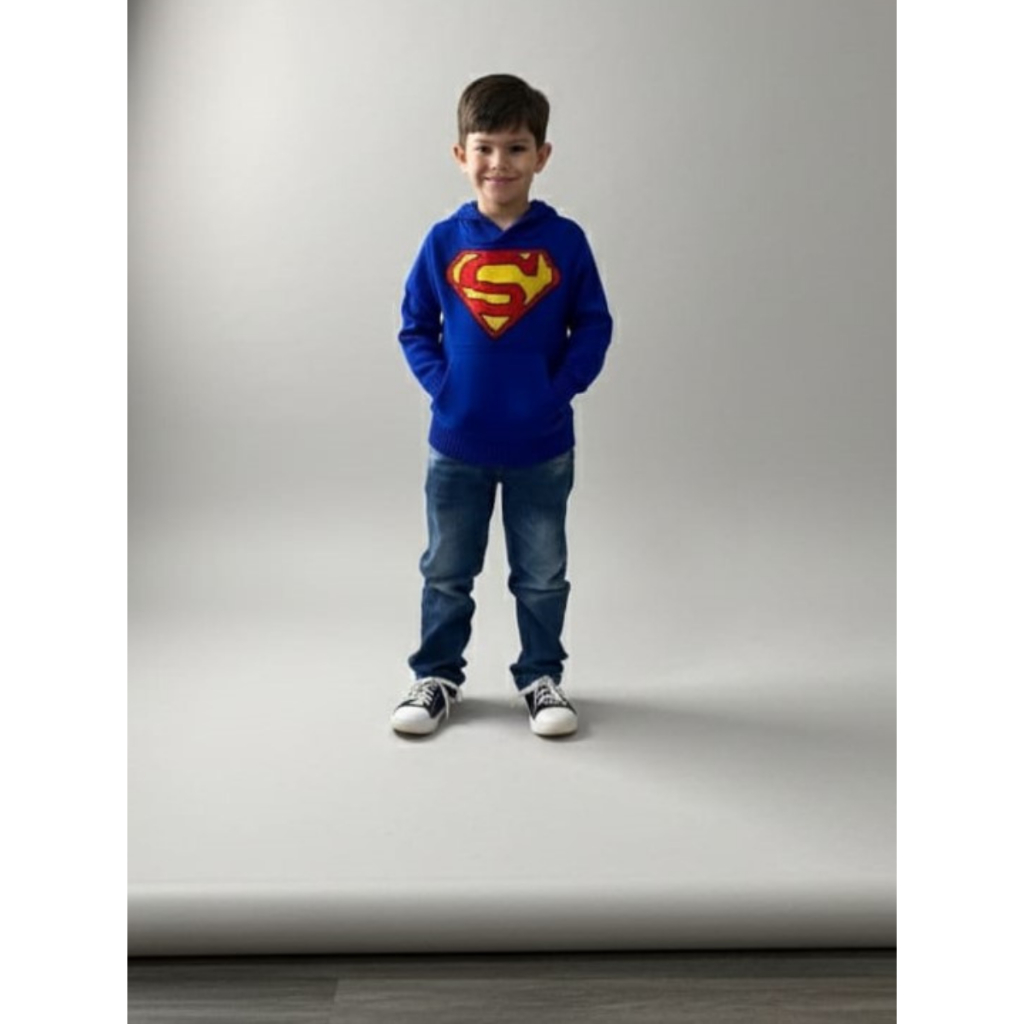 Blusa de Tricot Infantil Personagem Super Homem Manga Longa Capuz