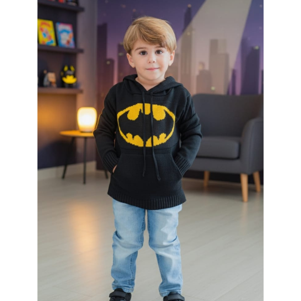 Blusa de Tricot Infantil Suéter Manga Longa com Capuz Personagem Batman