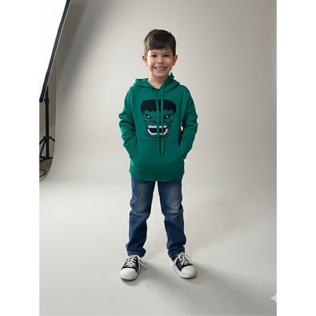 Blusa Tricot Hulk Infantil Suéter Agasalho Manga Longa Capuz