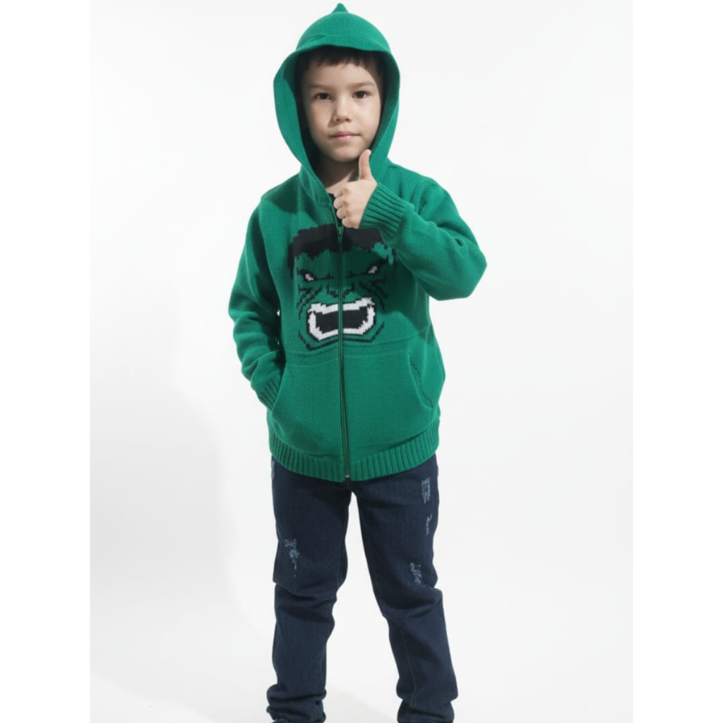 Jaqueta de Tricot Suéter Infantil O Incrível Hulk Zíper e Capuz
