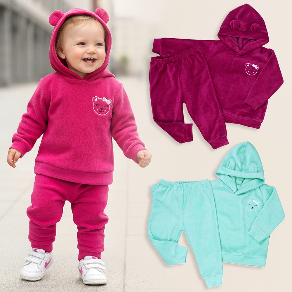 Conjunto Plush Bebê Menina Blusa com Capuz e Calça