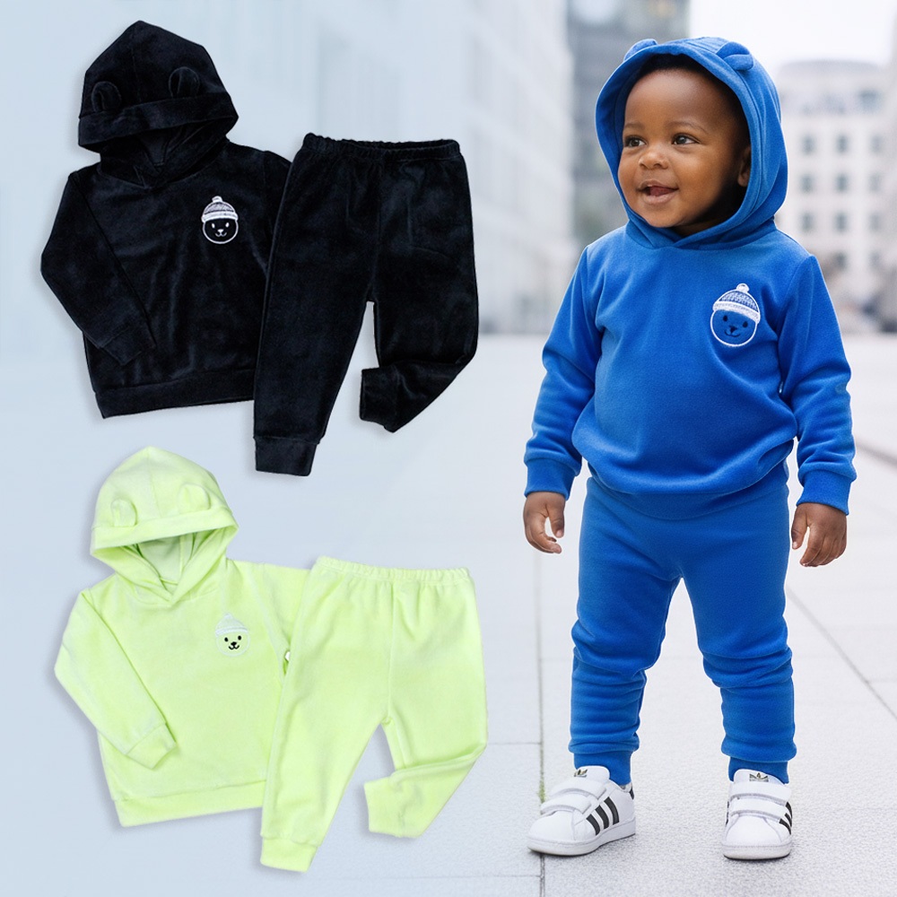 Conjunto Plush Bebê Menino Blusa com Capuz e Calça - Até 12 Meses
