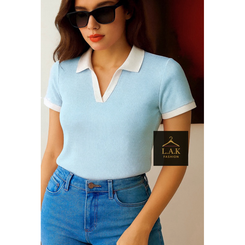 Camisa Bicolor Gola Polo Estampa Lisa Feminina Diária Trabalho Faculdade Elegante Casual Ribana Canelada