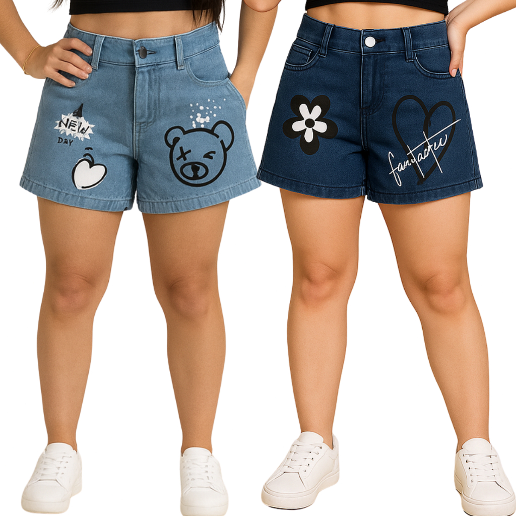 KIT 2 SHORTS JEANS ESTAMPADO  INFANTIL  JUVENIL FEMININO DO 10 AOS 16