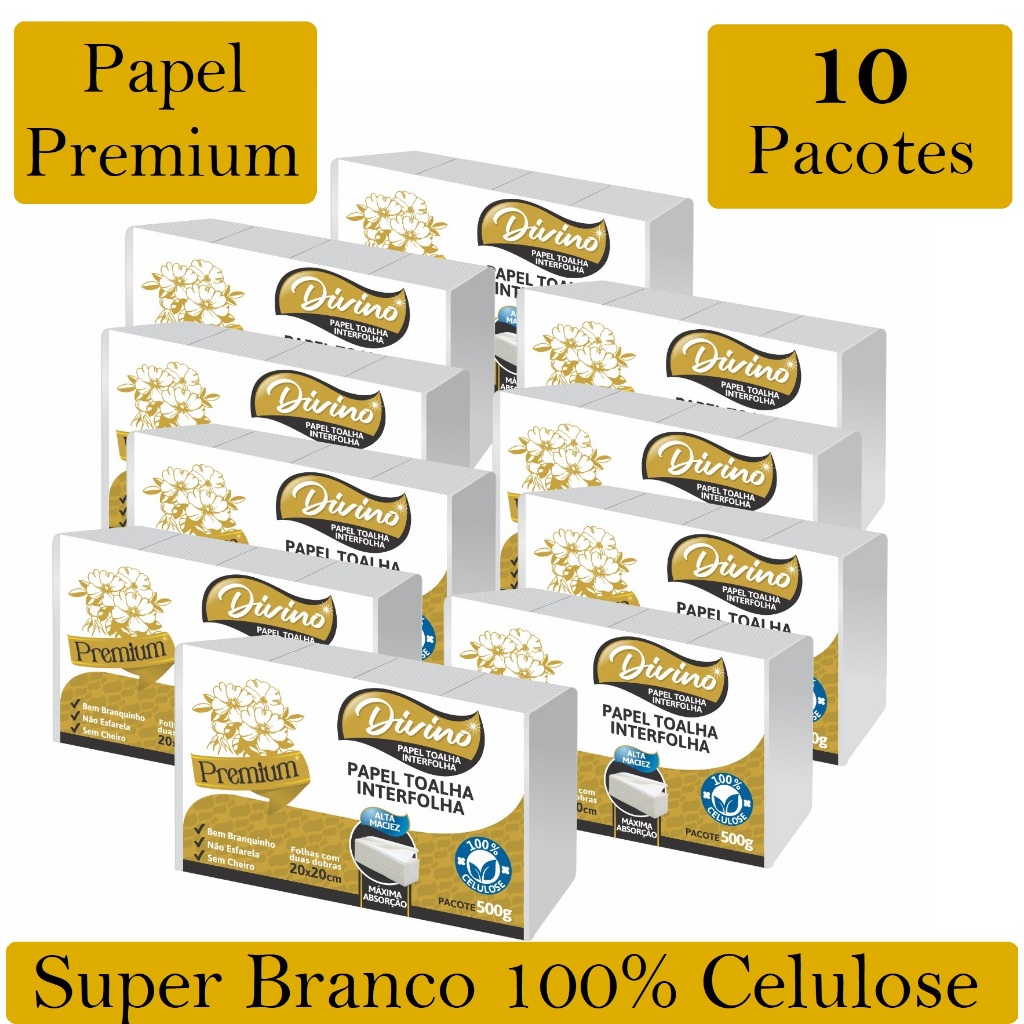 Papel Toalha Interfolha Divino Premium Super Branco 100% Celulose Para Secar As Mãos Banheiro 10,000 Folha Interfolhado