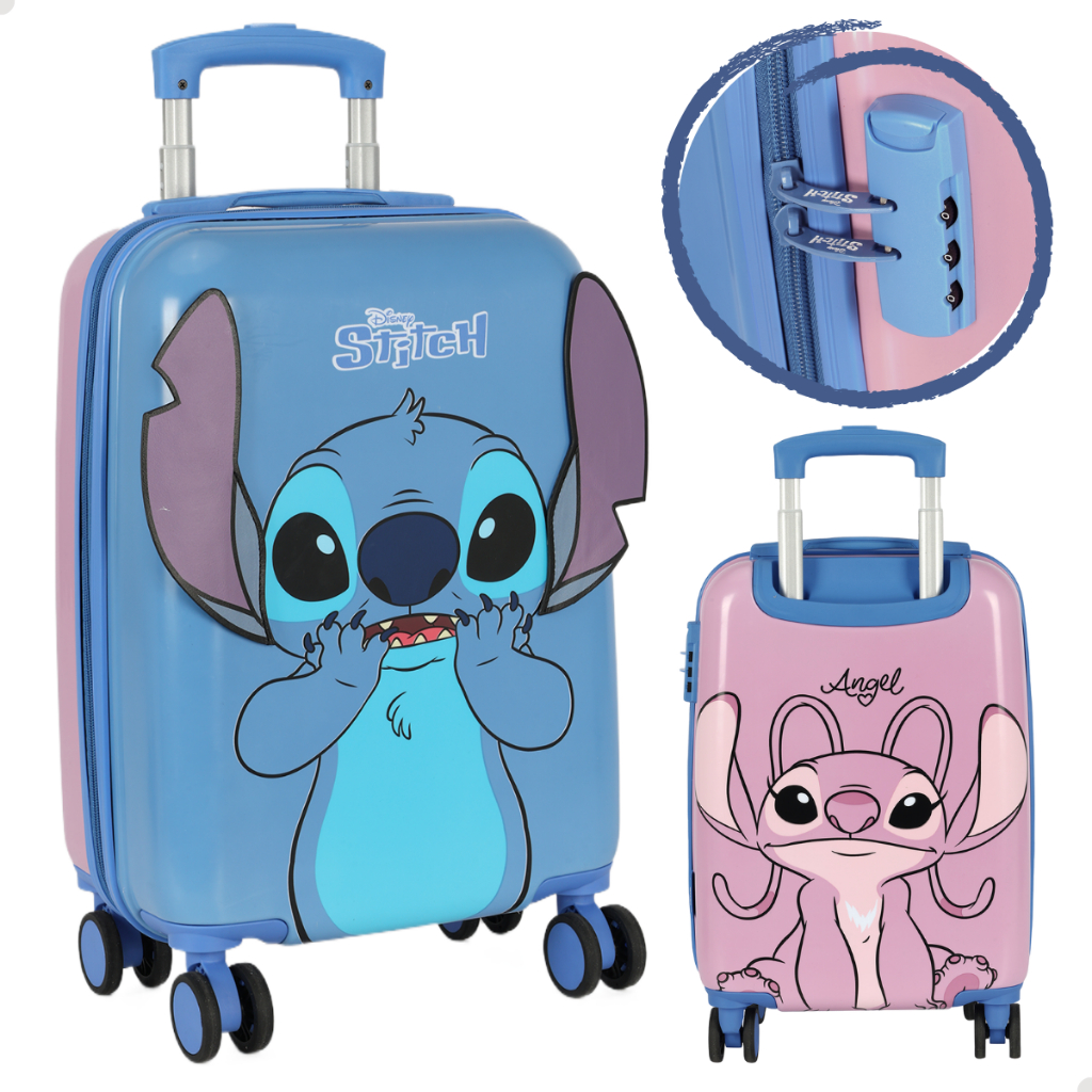 Mala Mochila Viagem Bordo 4 Rodas 360º Fechadura Tsa Menina Stitch Azul