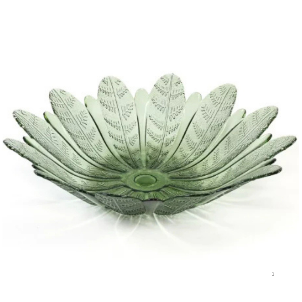 Fruteira Vidro 39cm Verde/Transparente Translucido Folhas Decor Multiuso Mesa