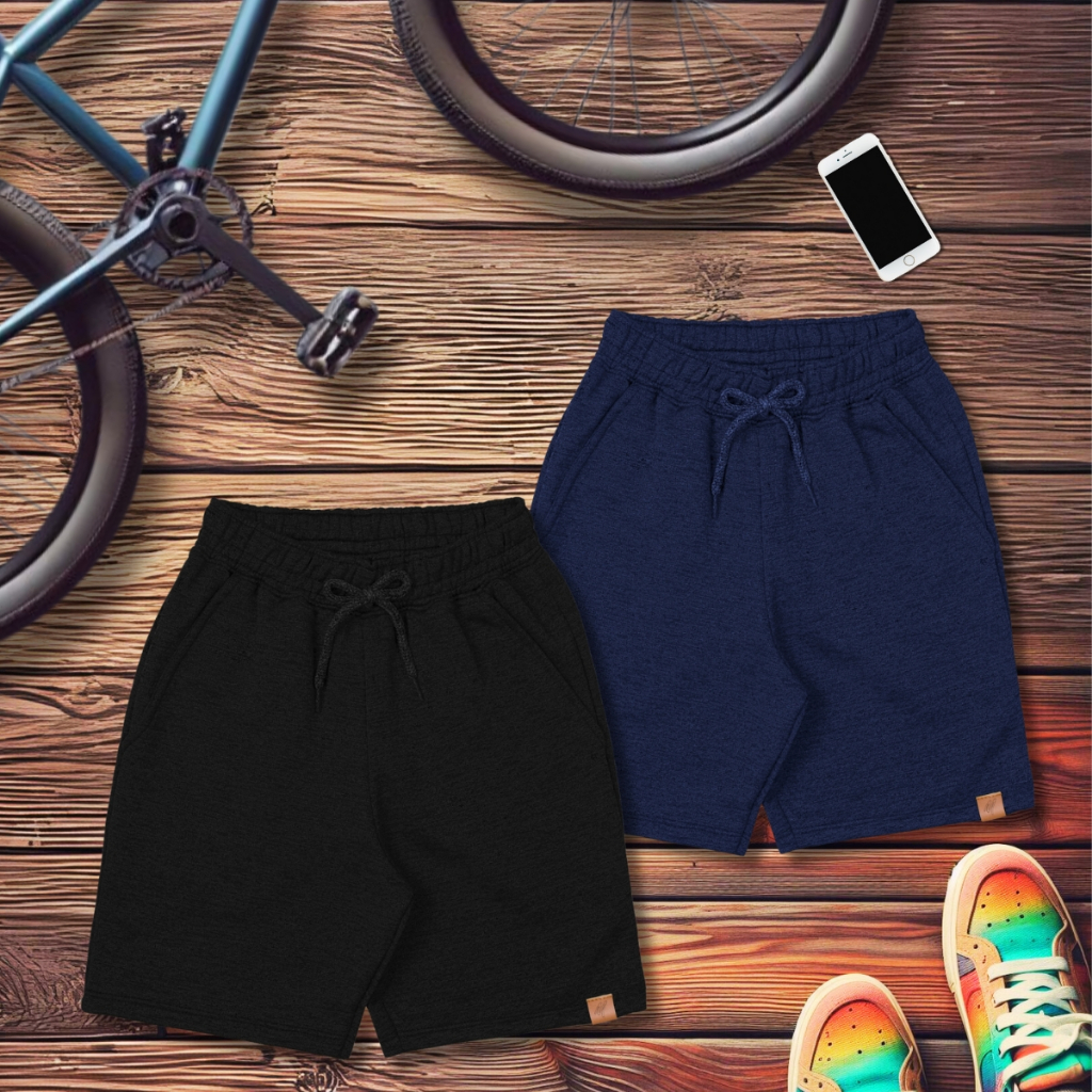 Kit com 2 Bermudas Masculinas Infantil com 2 Bolsos | Marinho e Preta | 100% Algodão