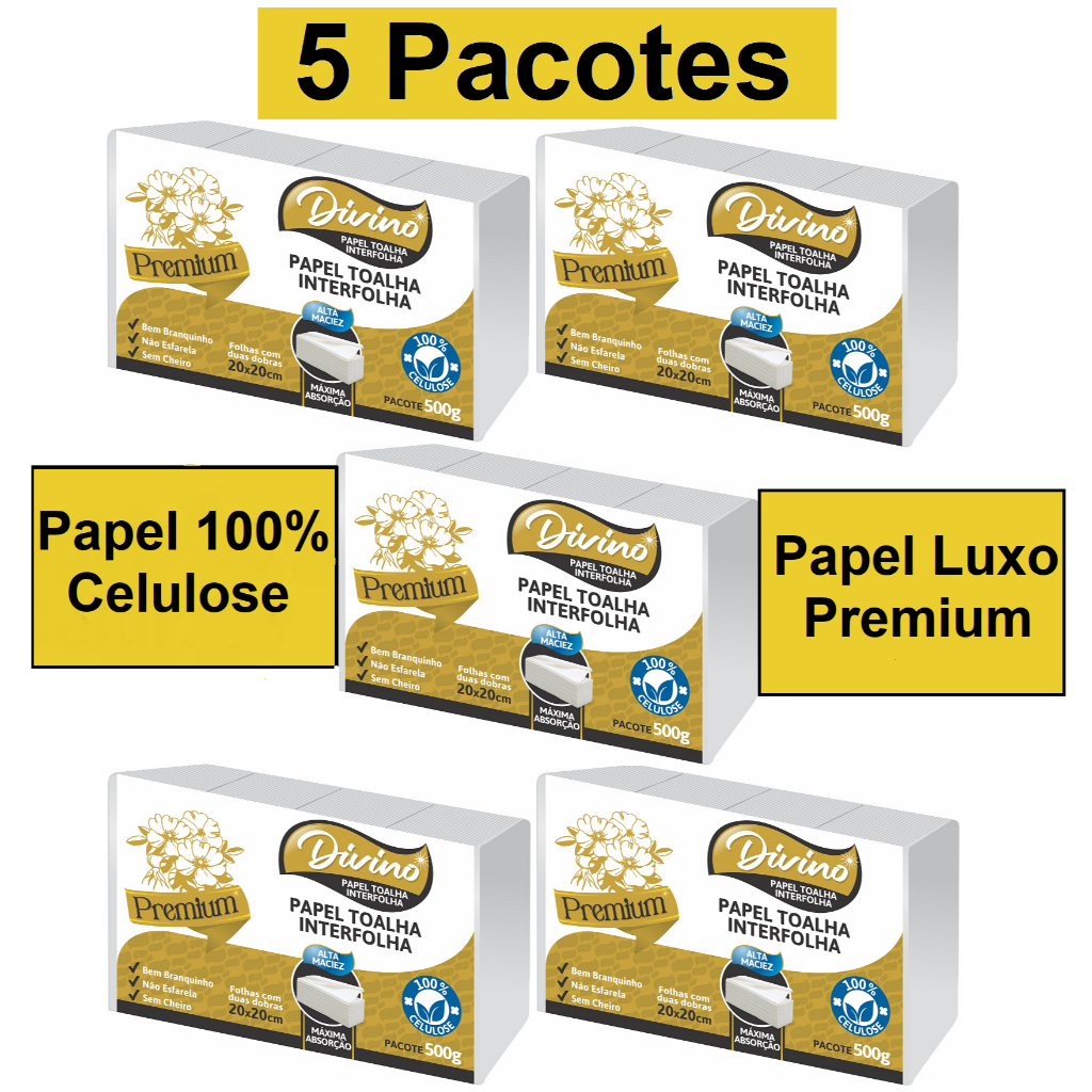 Papel Toalha Interfolha Interfolhado Branco Luxo Premium 100% Celulose Banheiro Para Secar As Mãos Kit 5.000 Folhas
