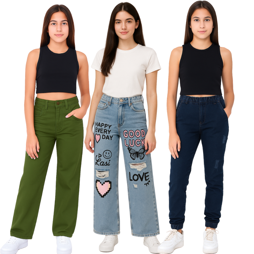 Kit 3 Calças Jeans Wide Leg Para Meninas Infantil e Juvenil 8 ao 16