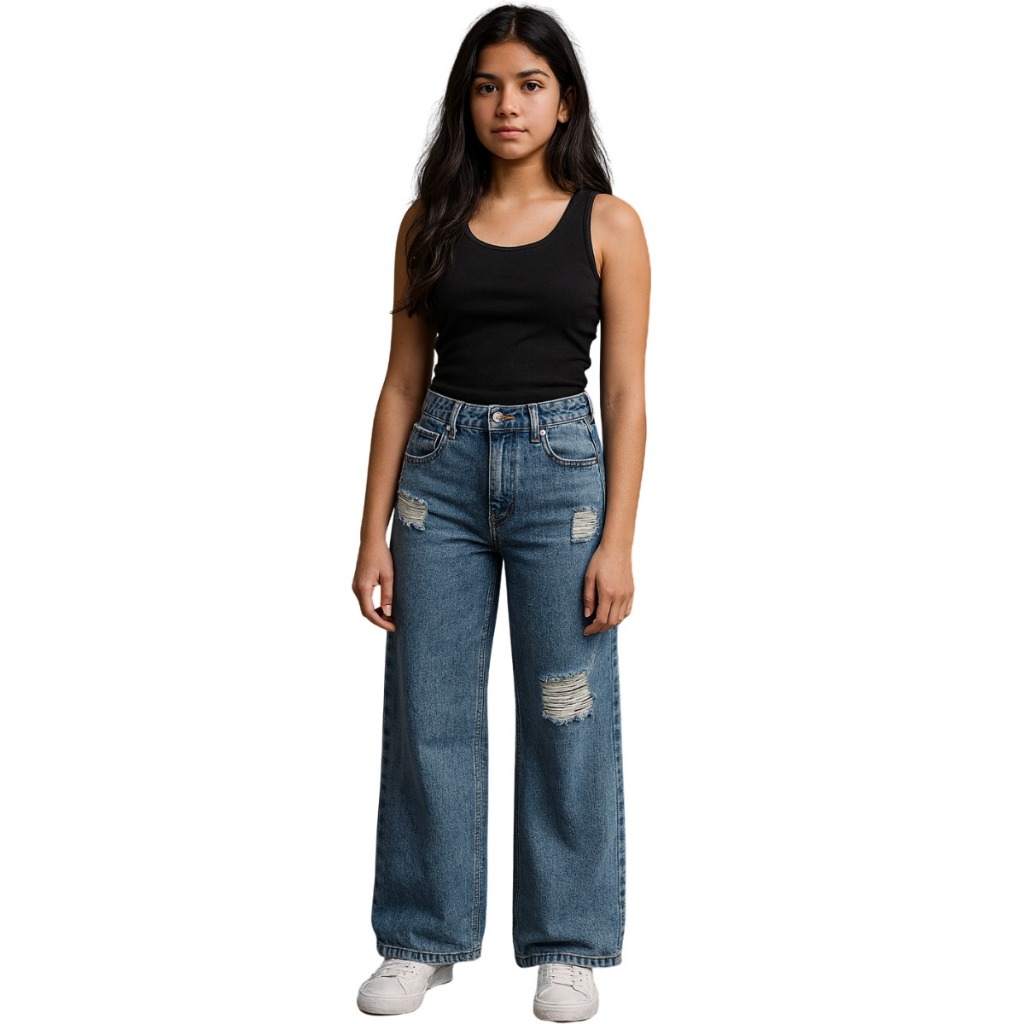 Calça jeans  wide leg pantalona infantil juvenil menina estampas variadas verão