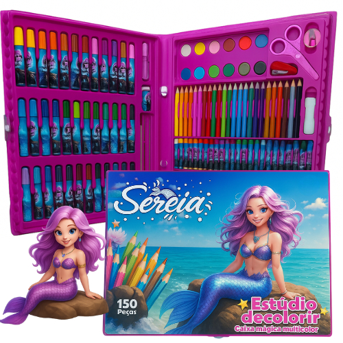 Kit Maleta Sereia Unicórnio Dinossauro 150 Peças Infantil Estúdio de Pintura Completo