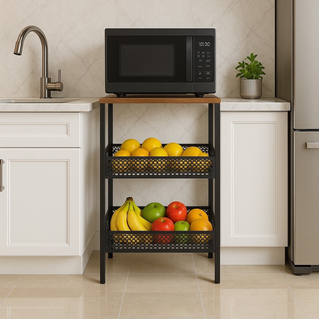 Fruteira De Chão Multiuso Moderna Com Tampo De Madeira Marrom