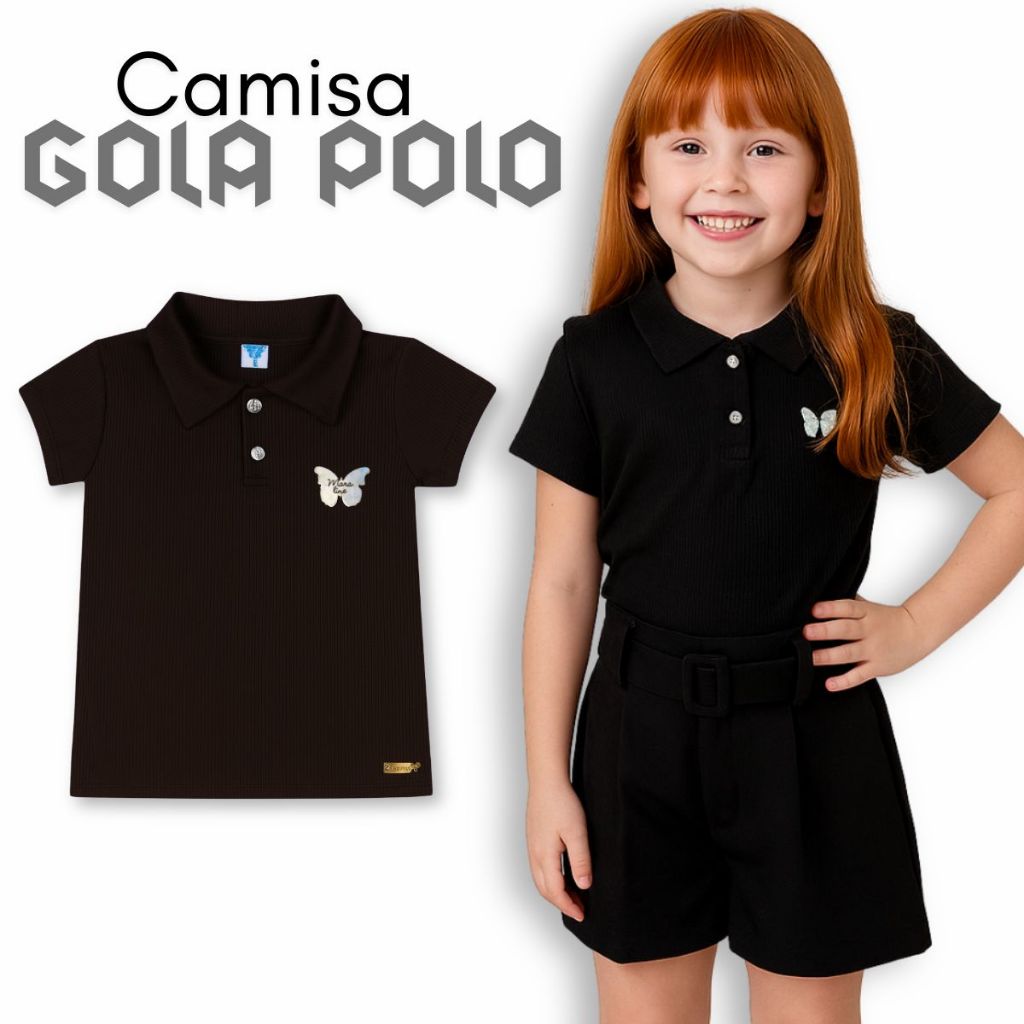 Camisa Polo Infantil Feminina em Malha Canelada com Botões e Aplique de Borboleta – Tamanhos 4 ao 14