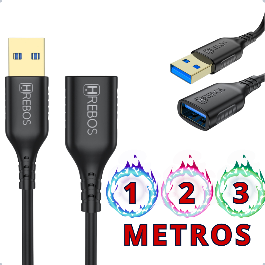 Cabo Extensor UBS 3.0 - 1 Metro, 2 Metros e 3 Metros - 5 Gbps - Extensão Fêmea e Macho Webcam Mouse.