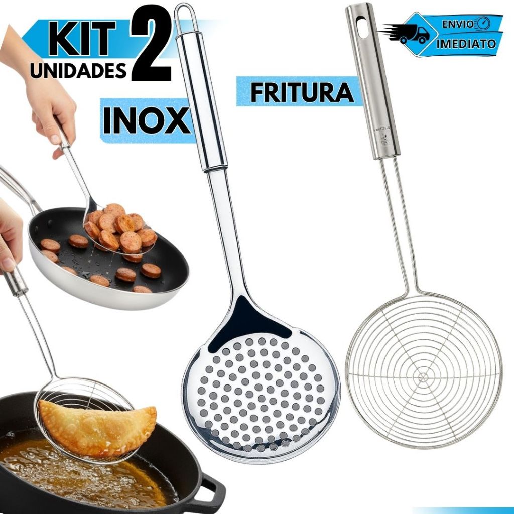 Kit 2 Escumadeiras Inox Cozinha + Fritura Aço Inoxidável Aramada Resistente