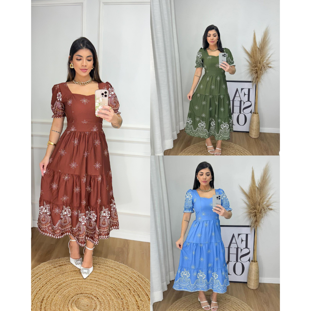 Vestido feminino mídi elegante evangélica manga princesa com elastes na costas confortável tecido