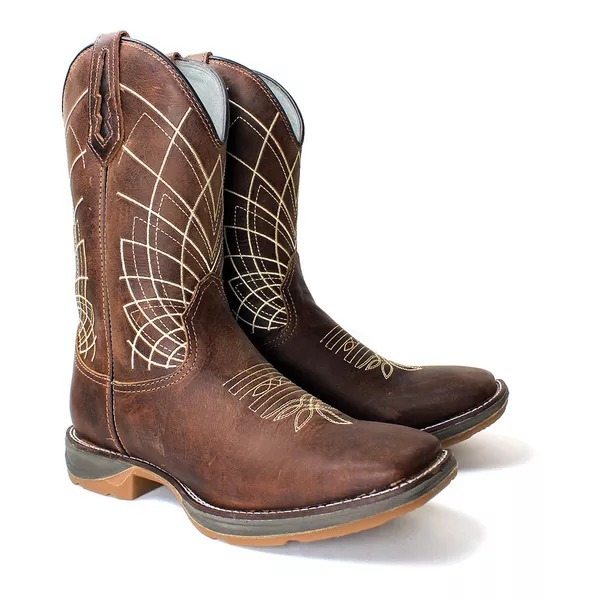 Bota Texana em Couro Legitimo Bordado Solado de Borracha Jump Alta Durabilidade