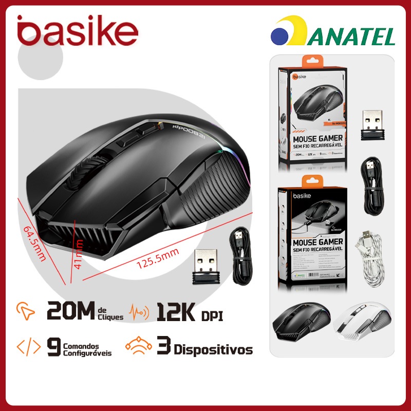 Basike Mouse Sem Fio BLuetooth 12000DPI Ajustável 3 Modos，Mouse Gamer Ergonômico RGB para Notebook，PC e Teclado，MOU339