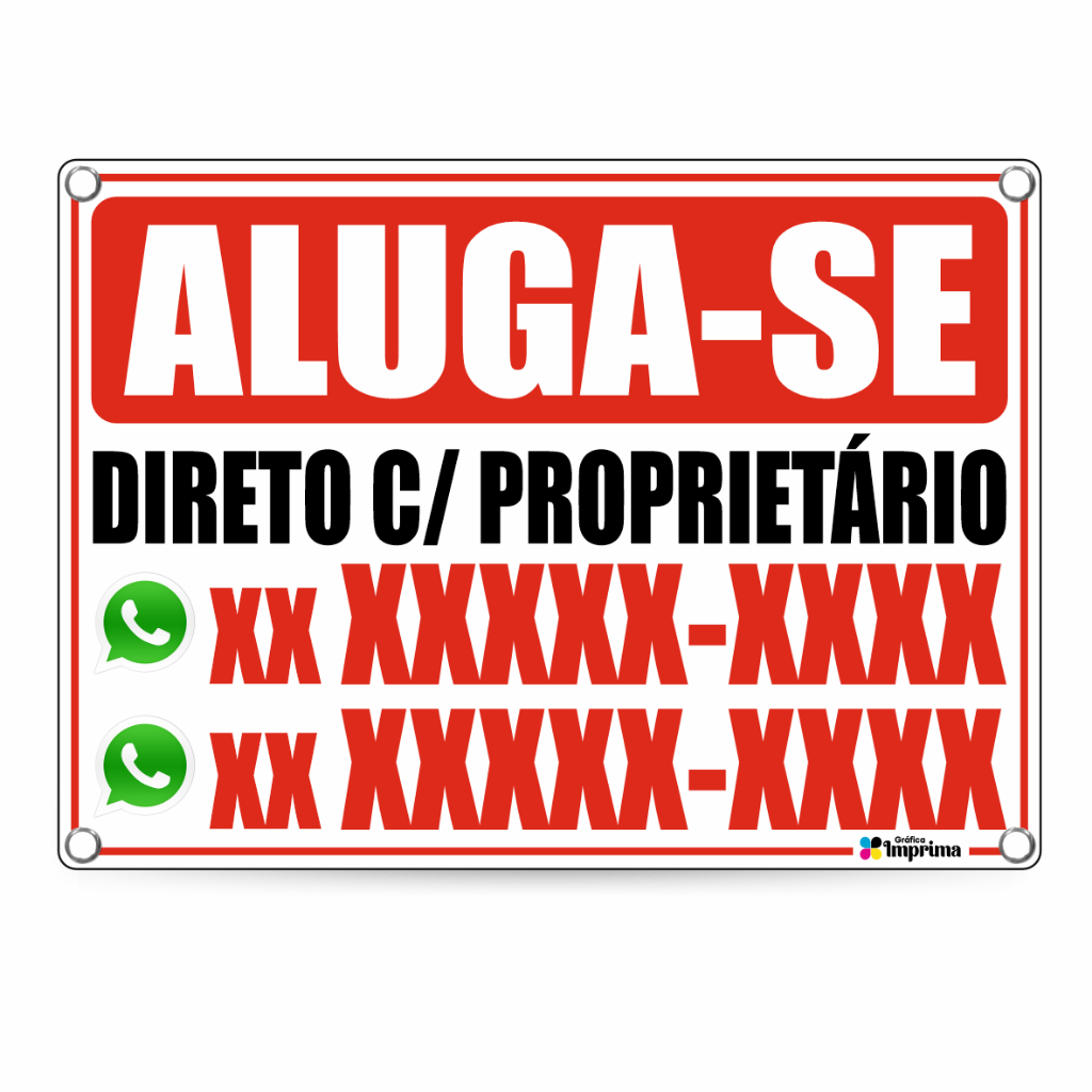 Placa Aluga-se ou Vende-se Direto C/ Proprietário Diversas Medidas PVC 1mm Resistente Ao Clima