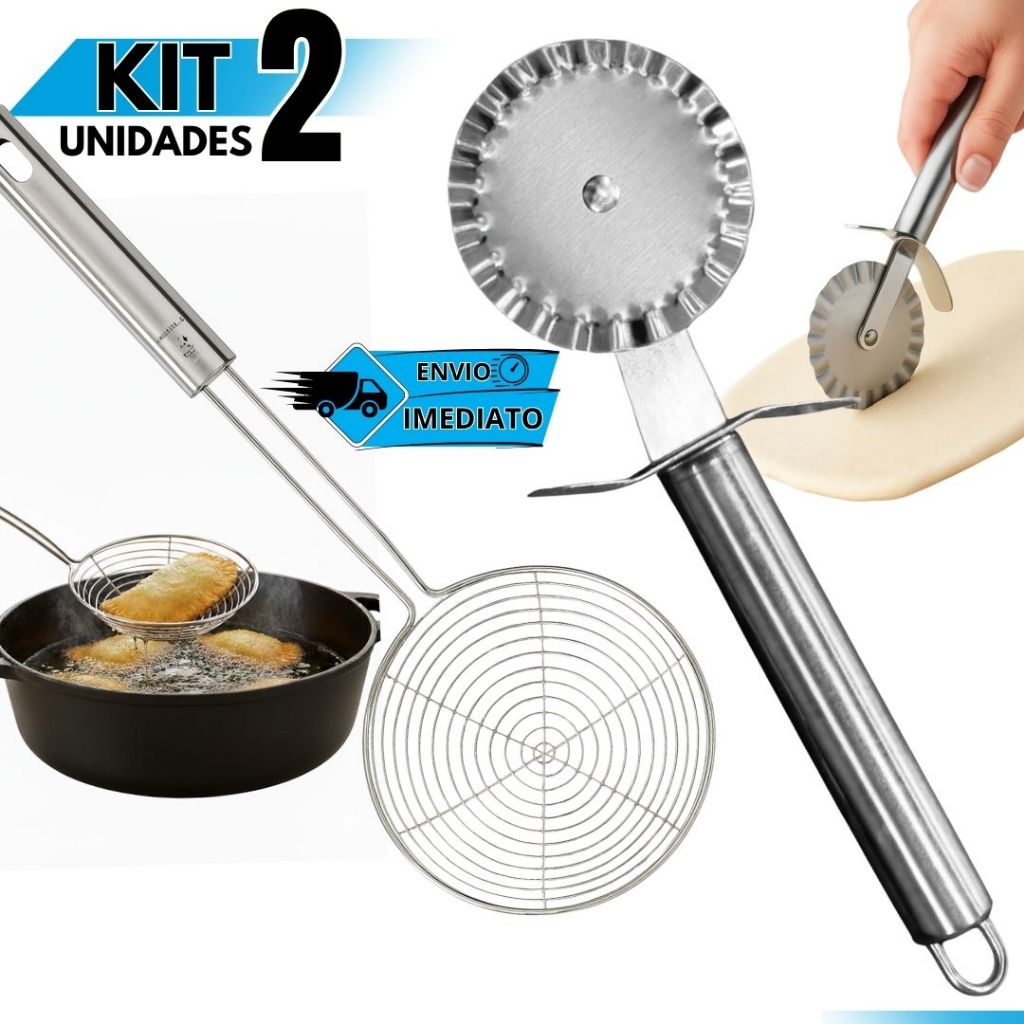 Kit 2 Escumadeiras De Fritura + Carretilha de Fechar Pastel | Utensílios Cozinha em Aço Inoxidável