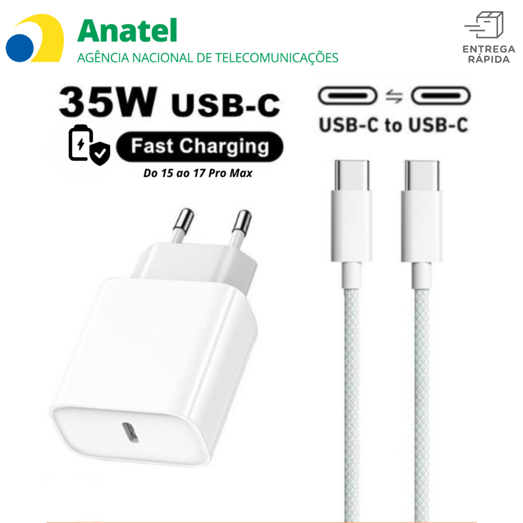 Carregador 35W iPhone 15 Pro Max Turbo Fonte USB-C + Cabo Tipo-C Tipo C de 1M Ou so cabo de 1m