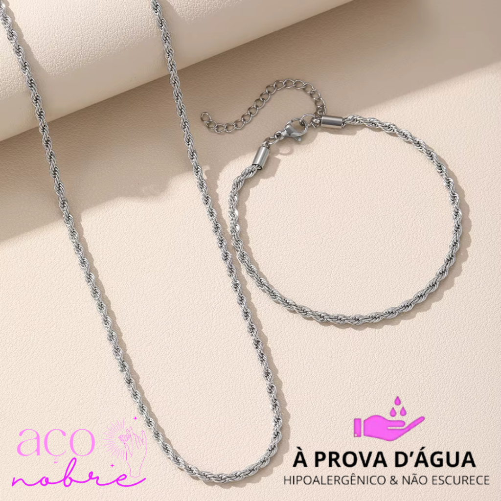 Conjunto Elo Baiano Colar + Pulseira Aço Inox Pulseira Trançada Kit De Joias Em Inox