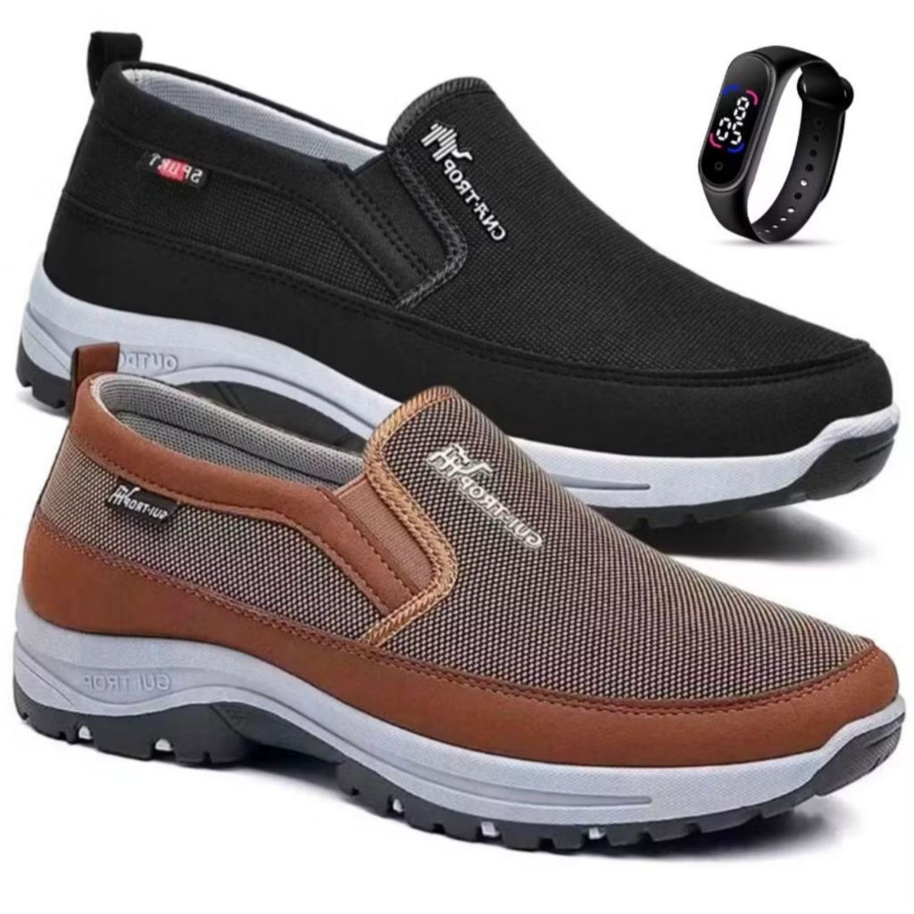 Kit 2 Pares Tenis Sapatilha Mocassin Masculino Moderno Sport Com Solado Ortopedico Flex Com Anti-Impacto Macio + Relogio