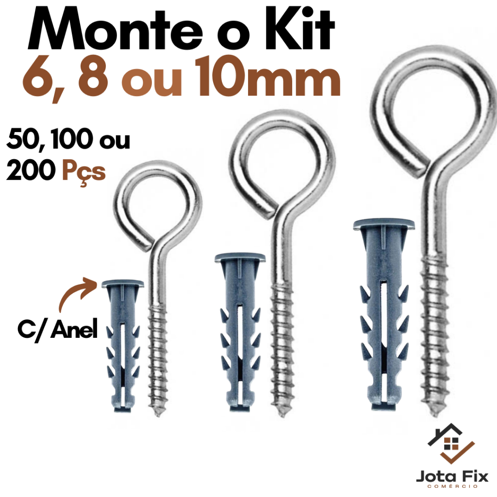 Kit Pitão e Bucha com Anel 6 8 10 Kit 50 100 200 Gancho Fechado Kit Pitao Zincado com Bucha Fixação
