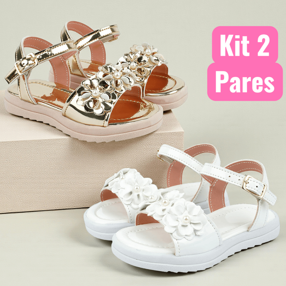 Kit 2 Pares Sandália Infantil Menina com Flores Delicadas Sola Antiderrapante Confortável